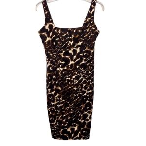 Calvin Klein Women's Brown Animal Print Square Ruched Neck Bodycon Dress Size 4